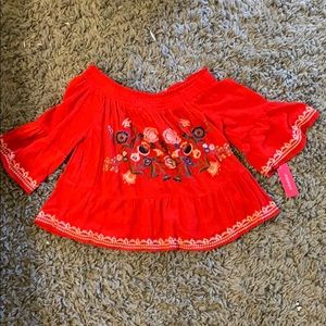 Red floral off the shoulder shirt